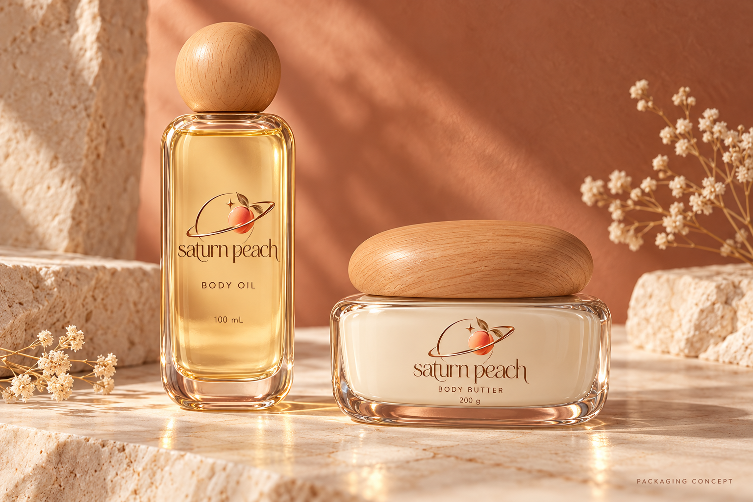 Saturn Peach Body Oil and Body Butter branded packaging concept